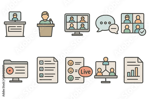 Video conference flat icon set. online meeting, webinar, presentation icons collection