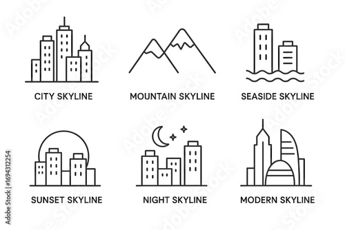Illustrated variations of urban and natural skylines in line art style