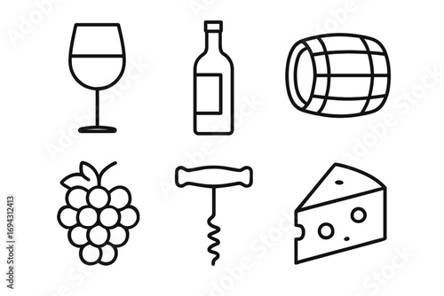 Wine and cheese icons: glass, bottle, barrel, grapes, corkscrew, cheese