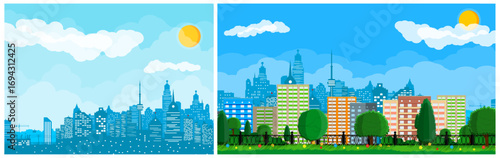 City landscape with buildings, green park. Urban sunny day skyline, cityscape, suburb. Modern town street with skyscraper business center illustration.