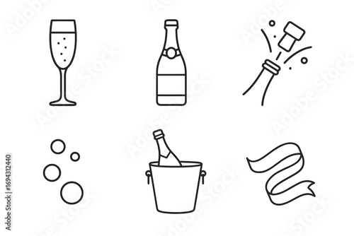 Champagne celebration icons: glass, bottle, cork, bubbles, ribbon, bucket