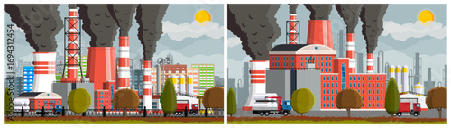 Industrial factory with emission of dirty smoke from a pipe. Pollution of environment near city. Climate change and global warming concept.