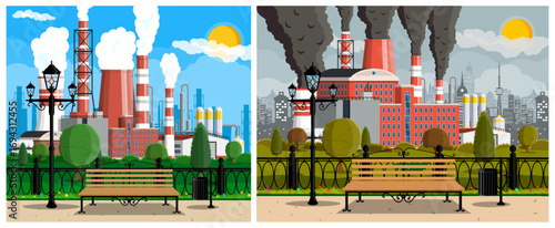 Before and after industrial city factory pollution. Power plant producing clean and dirty smoke, ecological concept.