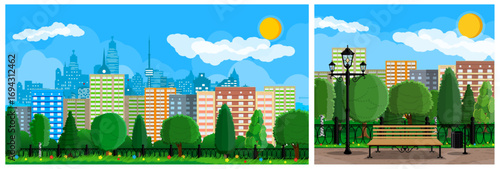 City park with bench, street light, tree, grass. Urban public area for leisure. Environment and nature concept.