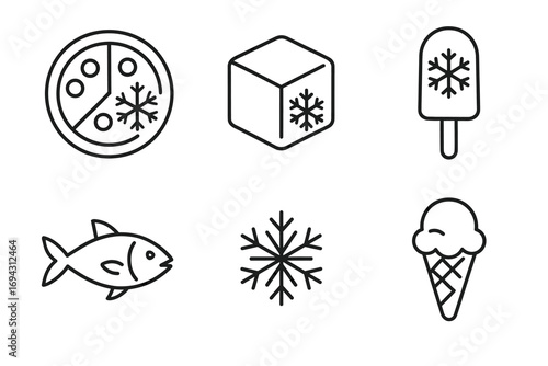 Frozen food icons: pizza, ice cube, popsicle, fish, snowflake, ice cream