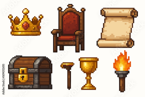 Pixel art medieval set: crown, throne, scroll, chest, goblet, torch
