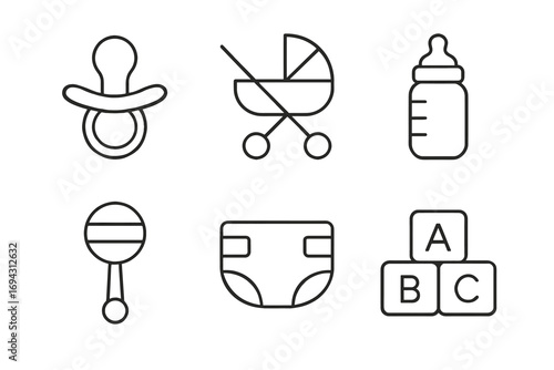 Outline icons of pacifier, stroller, bottle, rattle, diaper, and abc blocks