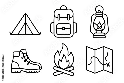 Camping essentials: tent, backpack, lantern, boots, campfire, map icons