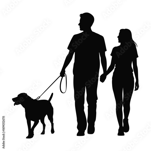 Silhouette of couple walking dog hand in hand, dressed casually, symbolizing companionship, leisure, and the bond between humans and pets