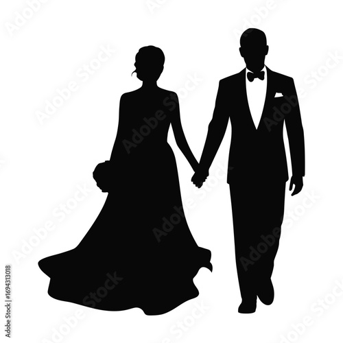 Silhouette of bride and groom holding hands, with bouquet and formal attire, symbolizing wedding celebration, love, and romantic unity