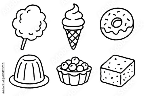 Assortment of sweet treats: cotton candy, ice cream, donut, jelly, tart, marshmallow