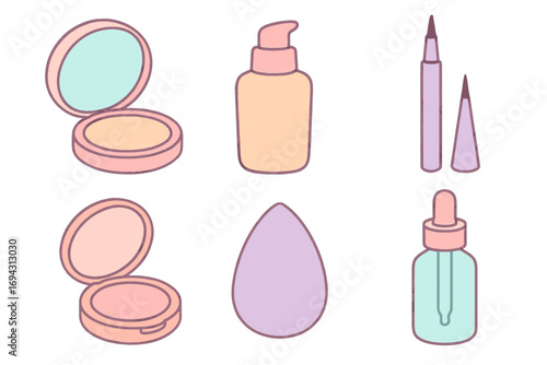 Collection of pastel-colored makeup products including compact, foundation, and eyeliner