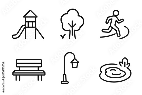 Simple icons of playground, tree, running, bench, lamp, and pond