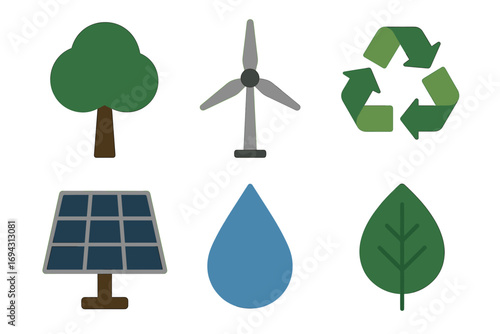 Sustainable energy and environment icons: tree, wind turbine, recycling, solar panel, water, leaf