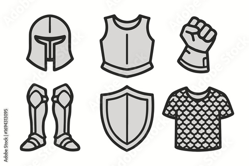 Ancient armor icons: helmet, breastplate, gauntlet, leg guards, shield, chainmail shirt
