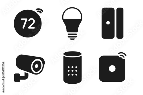 Smart home devices: thermostat, light bulb, door sensor, security camera, voice assistant, smoke detector icons