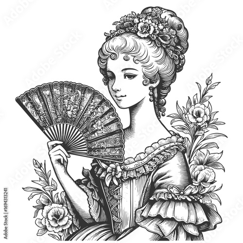 elegant lady holding decorative fan, dressed in floral attire with detailed hairstyle and flowers sketch engraving generative ai fictional character vector illustration. Scratch board. Black and white