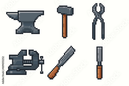 Pixel art workshop tools: anvil, hammer, pliers, vise, rasp, chisel