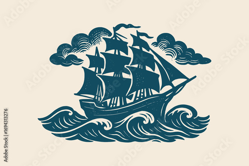 Sailing ship stormy sea engraving style vintage illustration vector