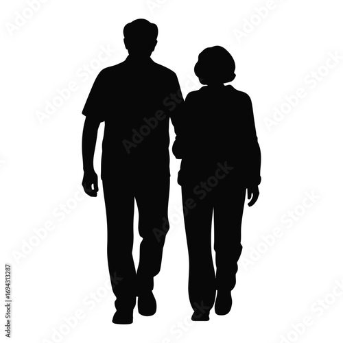 Silhouette of elderly couple walking arm in arm, symbolizing aging, companionship, mutual support, and enduring emotional connection
