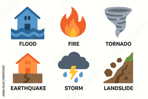 Natural disaster symbols: flood, fire, tornado, earthquake, storm, landslide