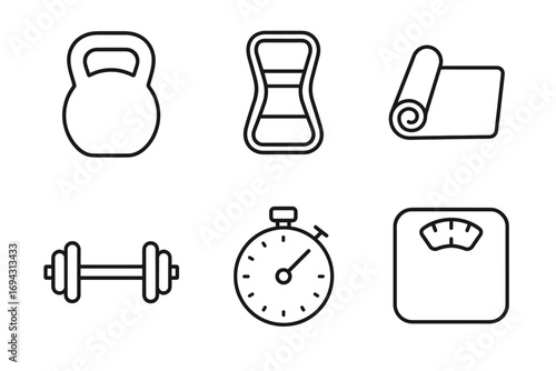 Fitness icon set featuring kettlebell, dumbbell, stopwatch, and scale