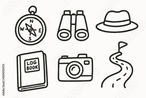 Adventure icons: compass, binoculars, hat, logbook, camera, pathway