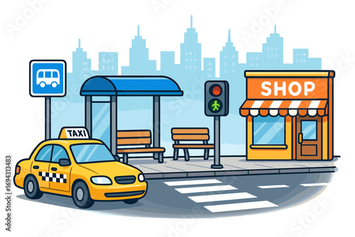 Urban street scene with taxi, bus stop, shop, and city skyline
