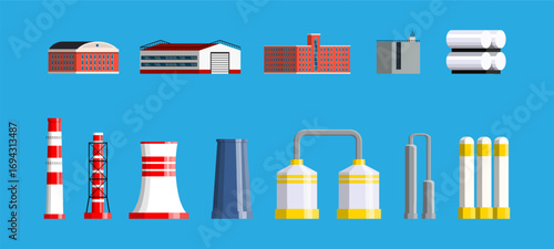 Industrial factory buildings, power plant elements, and gas containers in flat design. Manufacturing, energy, and storage illustration for business.
