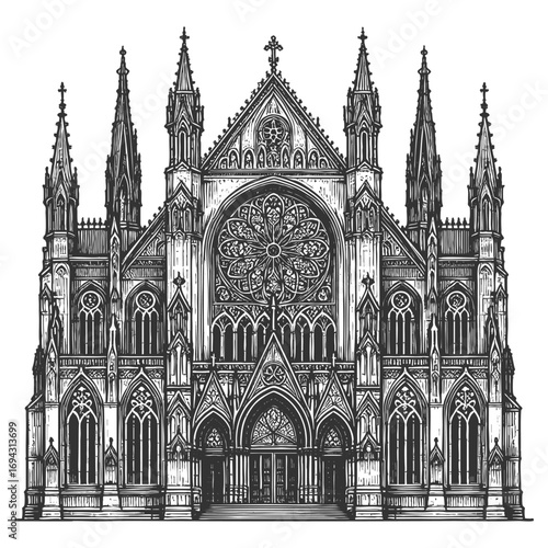 grand gothic cathedral facade with pointed spires, ornate arches, and a large rose window sketch engraving generative ai vector illustration. Scratch board imitation. Black and white image.