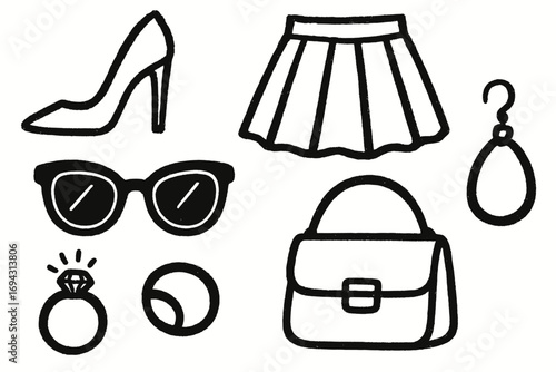 Fashion icons: stylish accessories including skirt, heels, sunglasses