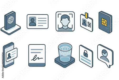 Identification and security flat icon set. digital id and access control icons collection
