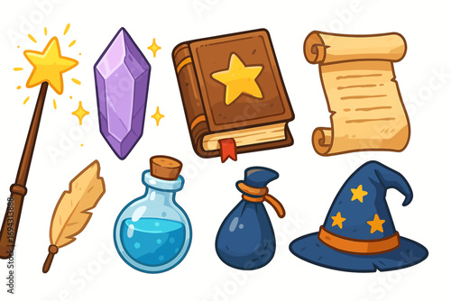 Magical items collection: wand, crystal, book, scroll, feather, potion and wizard hat
