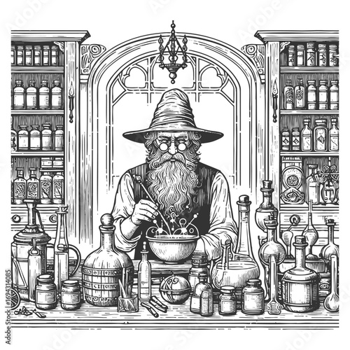 old alchemist working in a laboratory surrounded by flasks, scales, and mysterious equipment sketch engraving generative ai fictional character vector illustration. Scratch board. Black and white.