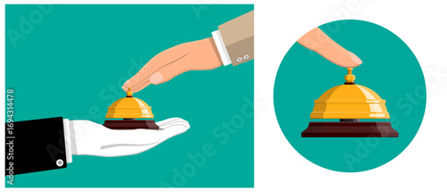 Man presses golden service bell on white gloved hand, another man's hand on green background. Hotel, reception service concept.