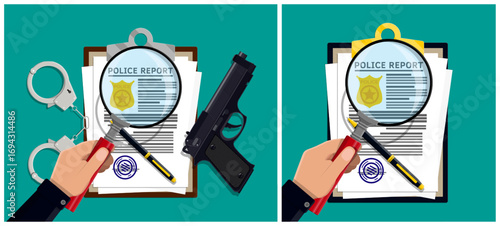 Investigator analyzing police report document with magnifying glass. Crime investigation concept. Detective work and law enforcement activity.