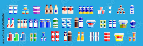 Grocery store product packaging set. Food and drink container collection. Flat style stock vector illustration for retail and supermarket.