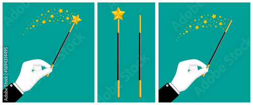 Magician hand with white glove holding magic wand and creating golden stars. Illusionist show with flat style set collection illustration.