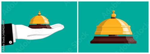 Man hand in white glove holds golden bell. Service bell on a counter for customer assistance. Hospitality concept illustration.