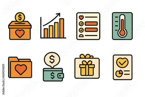 Donation and charity flat icon set. fundraising, contribution symbols flat collection