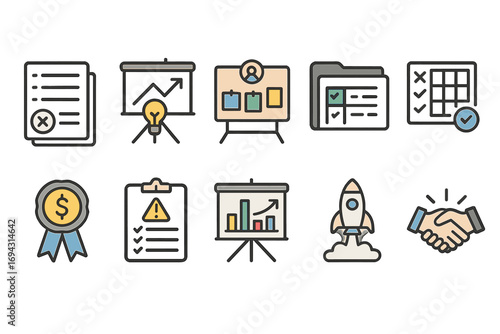 Business, project management outline icon set. tasks, strategy, planning icons collection