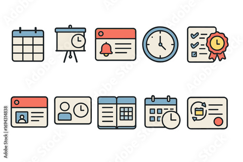 Productivity tools line icon set. calendar, clock, task checklist, outline collection