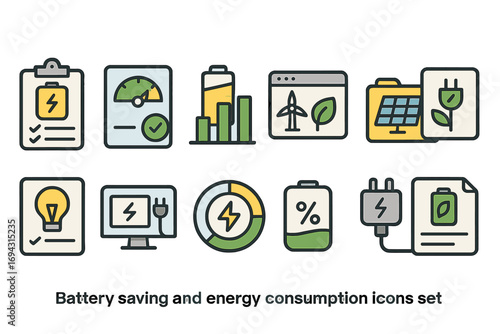 Battery saving and energy consumption linear icon set. eco, efficiency symbols collection