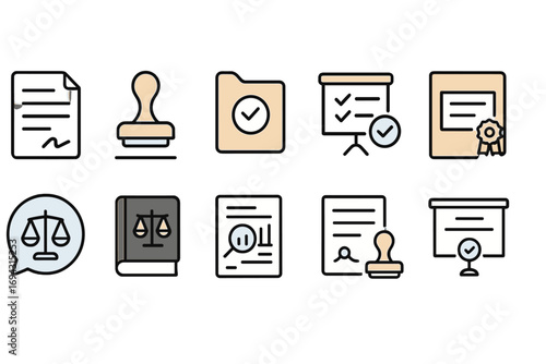 Legal document outline icon set. law, contracts, justice linear icons collection