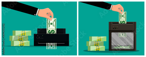 Man's hand inserting money into document shredder. Financial crisis concept with paper destroyer. Budget cuts and economic decline for business.