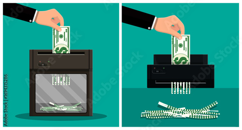 Man's hand putting money in shredder. Concept of financial crisis, investment risk, money loss. Economic recession illustration for business publication.