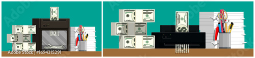Money being shredded by a paper shredder. Concept of financial loss, investment risk and budget or income reduction.