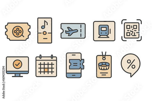 Ticket, travel and qr code icon set. events, booking icons outline collection