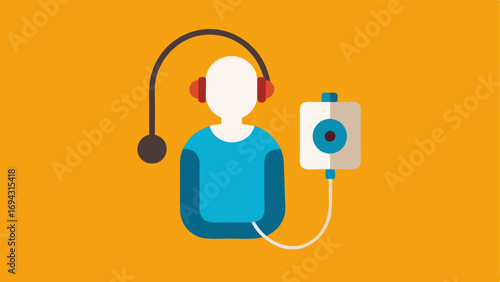 Assistive Listening Device A small portable device with headphones depicting a person using it to hear better in a crowded environment.