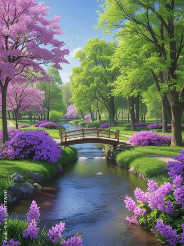 Serene spring garden with blossoming trees and a gentle stream